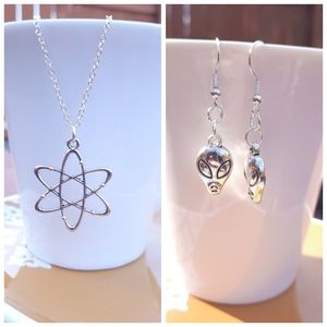 Alien Dangle Earrings & Geometric Necklace Bundle